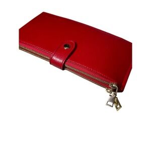 Leather Bifold Chelmon Wallet Two Zipper Latch Snap Red Gold Hardware Card Slots